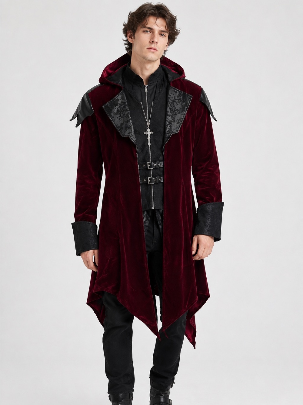 Gothic Hooded Jacket Coat Men Red Black Dieselpunk Assassin Creed Cosplay Pirate